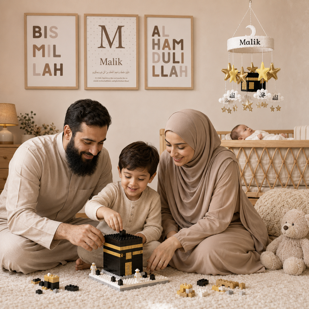 Muslimische Familie gemeinsam im Kinderzimmer
