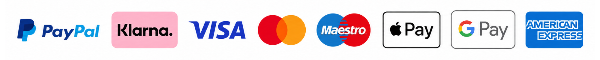 PayPal, Klarna, Visa, Mastercard, Maestro, Apple Pay, Google Pay und American Express
